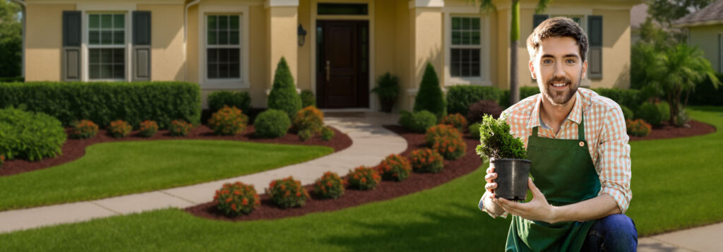 Person holding a potted plant in front of a beige house with a dark brown front door, surrounded by a manicured garden with grass, shrubs, and flowering plants.