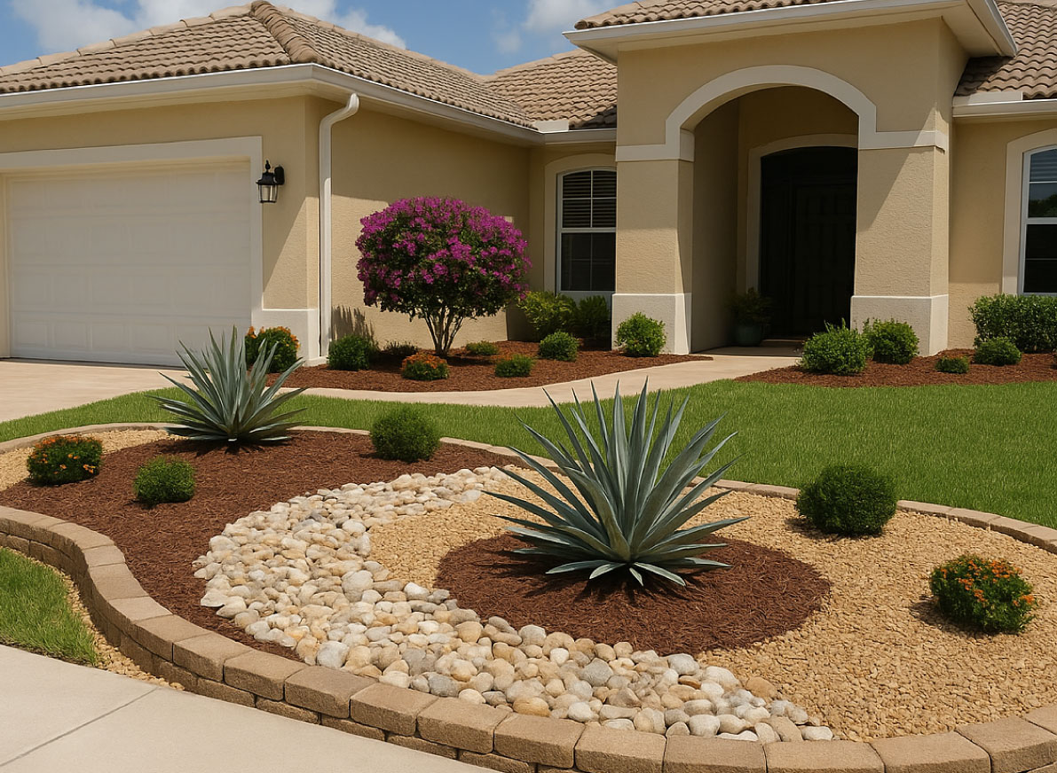 A dynamic front yard featuring bold agave plants, colorful foliage, and a flowering tree—designed by CocosLandscapeLLC to enhance curb appeal.