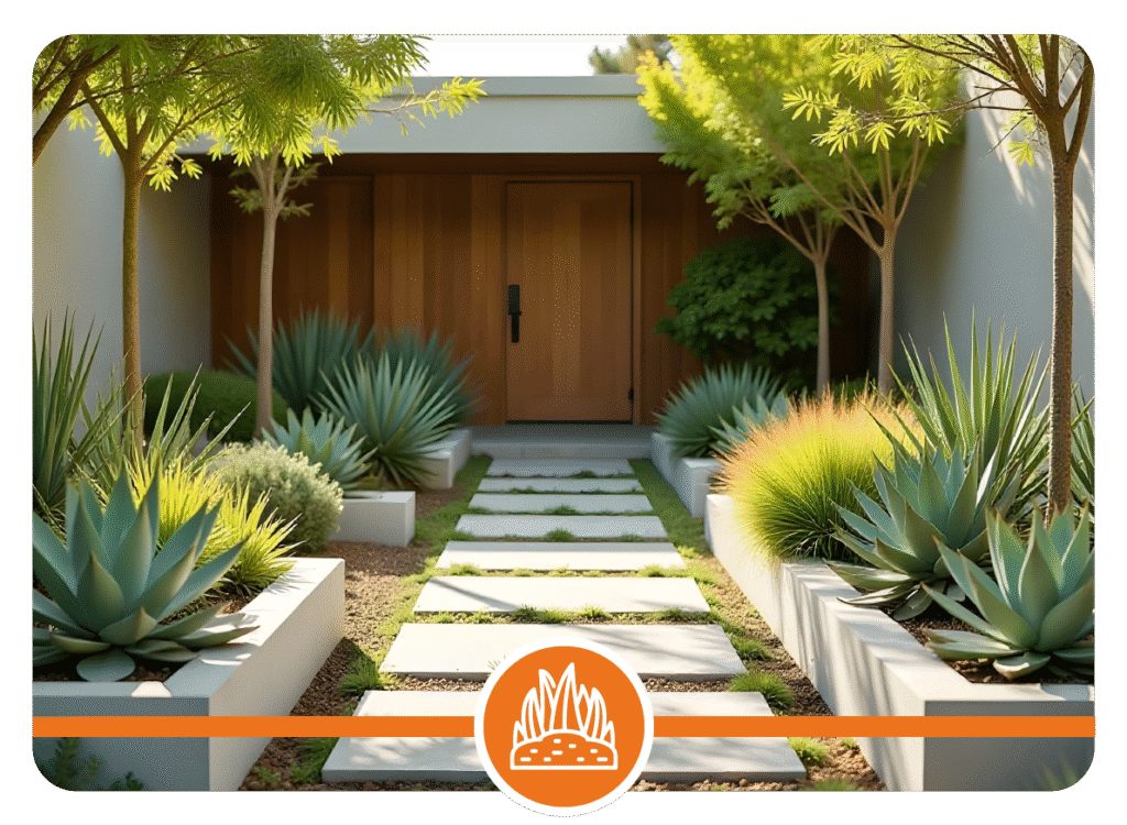 Stone slab pathway surrounded by grass, leading to a wooden door with agave plants, green shrubs, and small trees arranged symmetrically on both sides.
