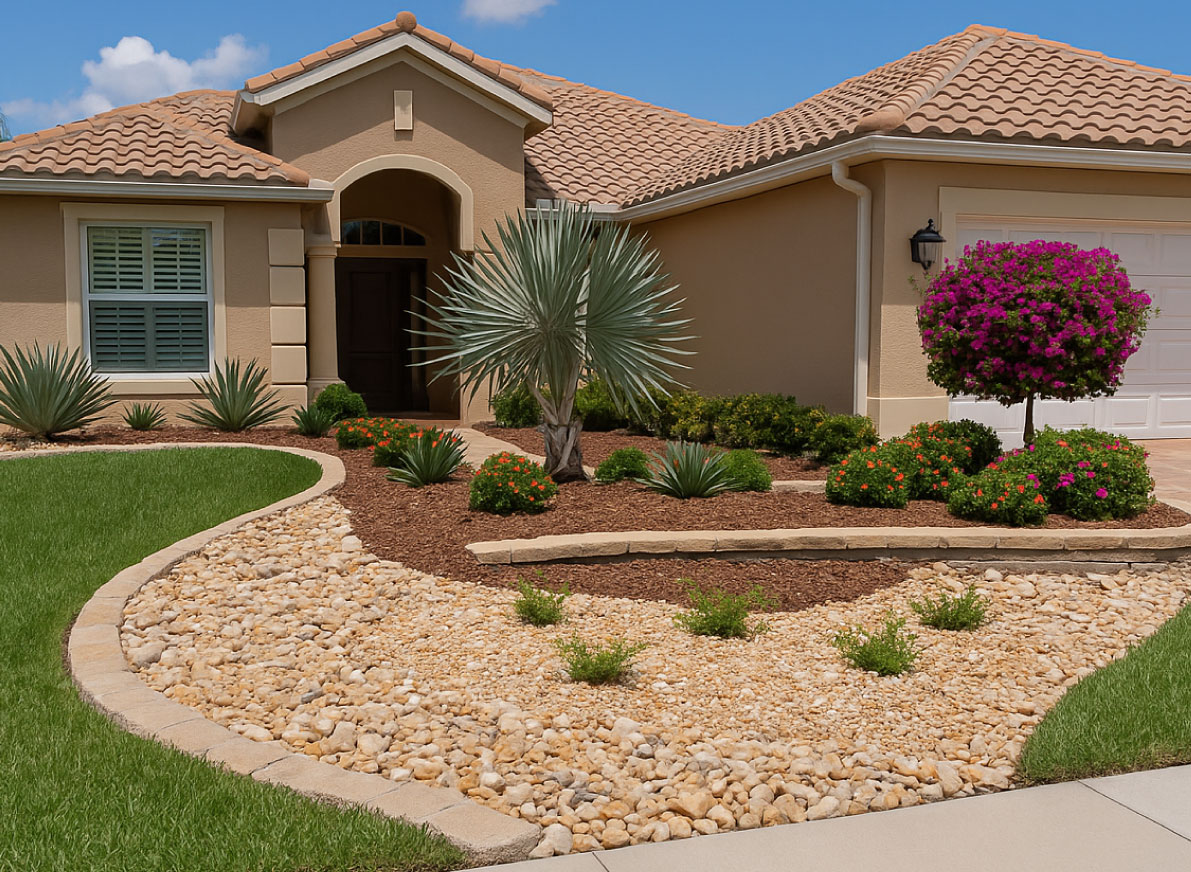 A dynamic front yard featuring structural plants, colorful flowers, and textured ground cover—crafted by CocosLandscapeLLC to enhance curb appeal.