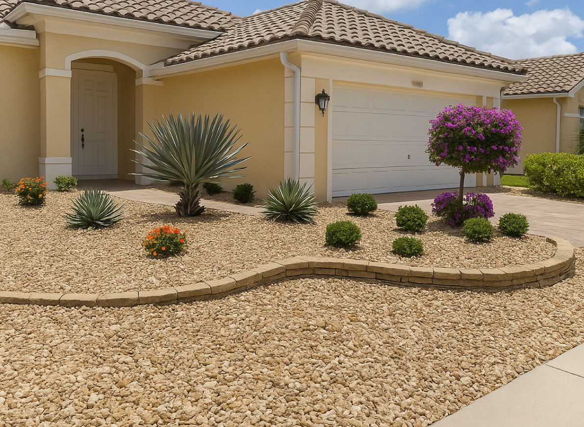 A striking front yard with architectural agave, vibrant flowers, and natural rock accents—crafted by CocosLandscapeLLC to elevate curb appeal.