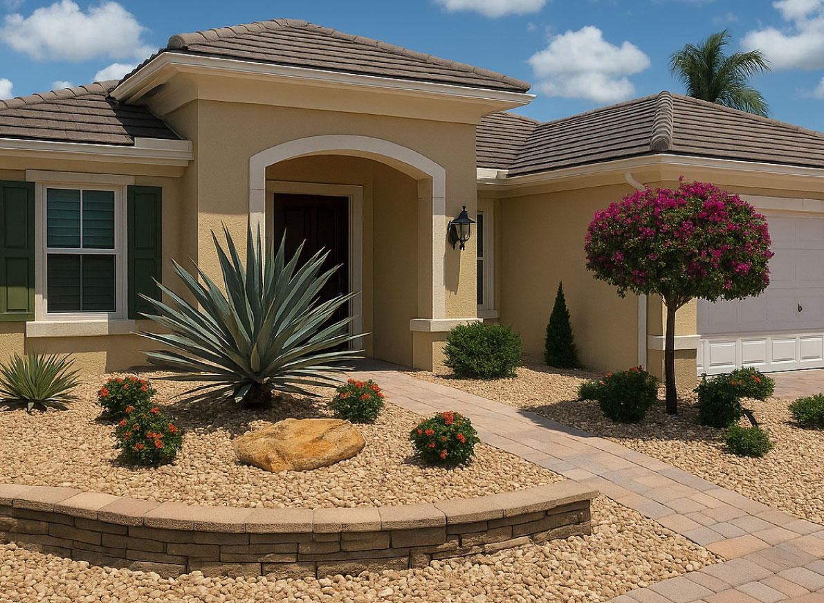 A striking front yard with architectural agave, vibrant flowers, and natural rock accents—crafted by CocosLandscapeLLC to elevate curb appeal.