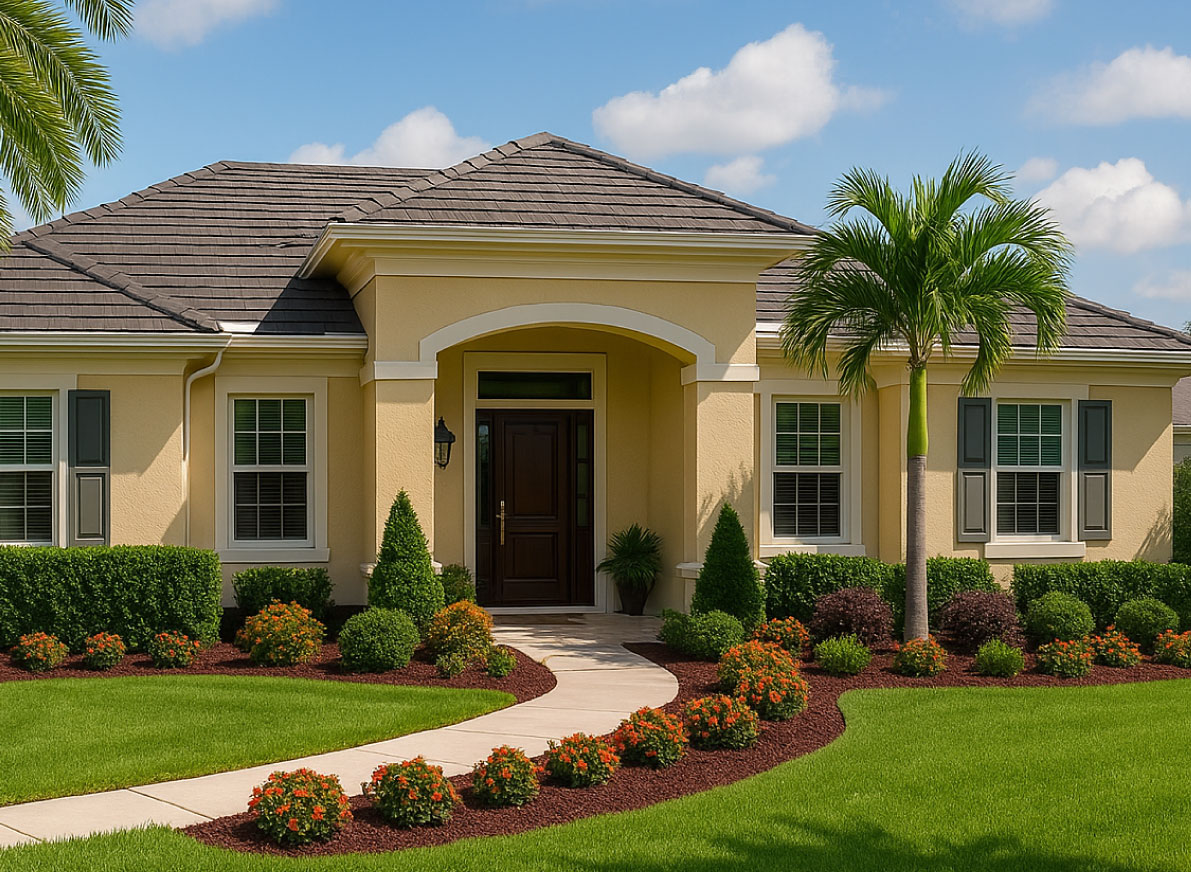 A welcoming front yard with lush greenery, tropical accents, and a charming curved walkway—designed by CocosLandscapeLLC to boost curb appeal.