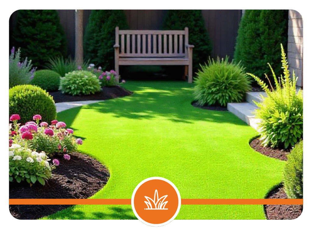 Landscaped garden with bright green artificial grass, wooden bench, flower beds with colorful plants and mulch, and a wooden fence with leafy trees and shrubs behind.